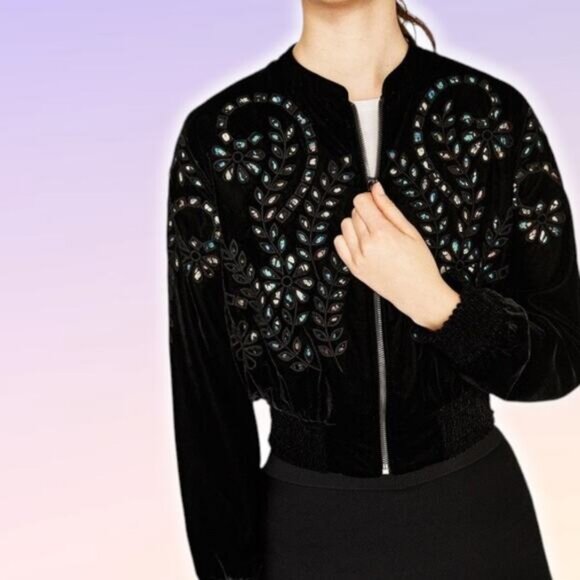 ZARA Velvet Eyelet Cut Out Bomber Jacket Size Small - Picture 1 of 9